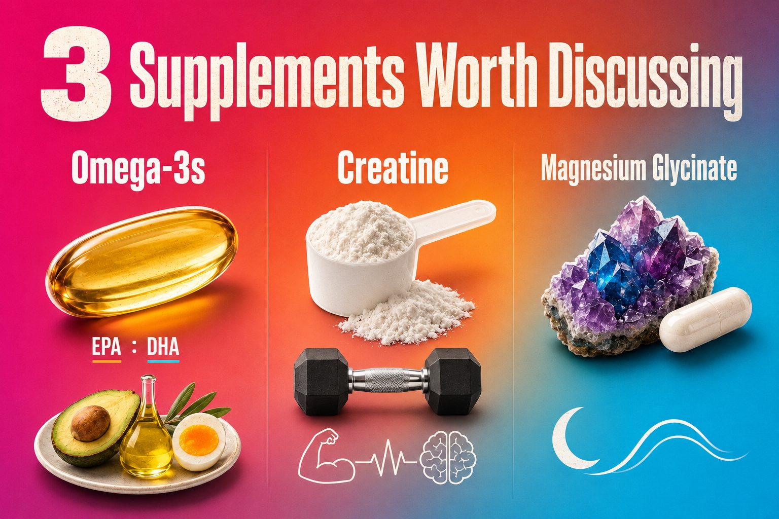 Omega-3 creatine and magnesium glycinate supplement cards