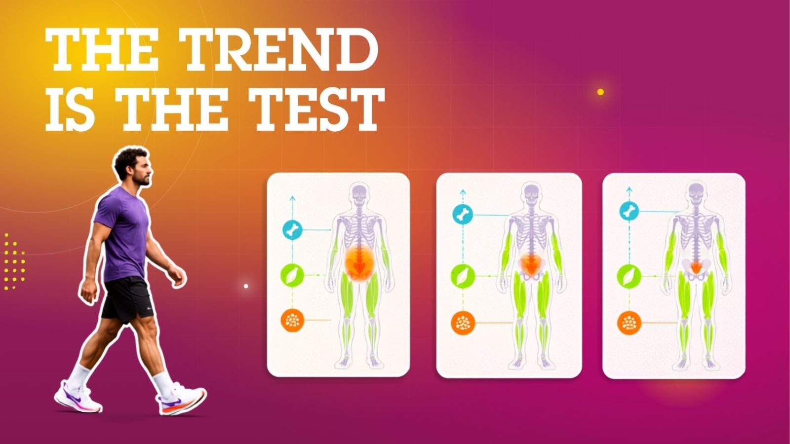 Walking man views DEXA scans tracking body composition changes