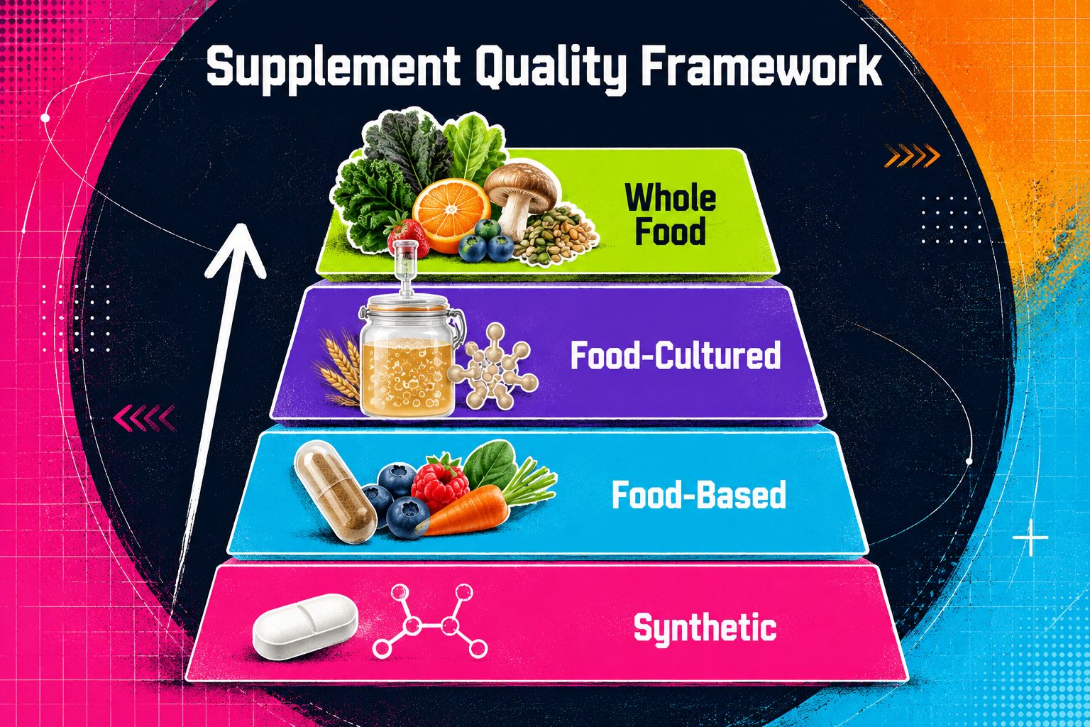 Four-tier supplement quality framework with forms and testing