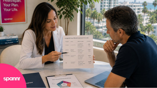 Spannr clinician reviewing longevity care plan pricing and program options with a client in a Fort Lauderdale office.