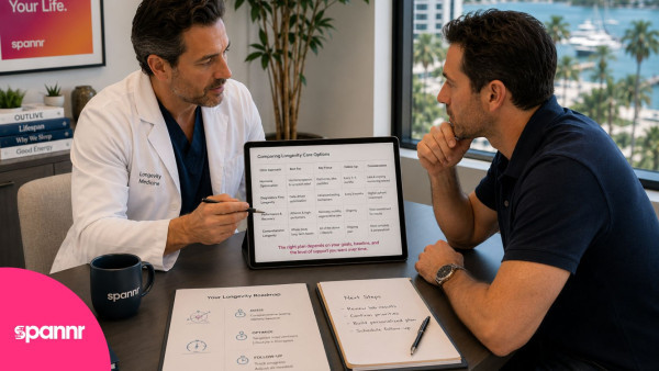 Longevity clinician comparing care options with a client in a Fort Lauderdale office overlooking the waterfront.