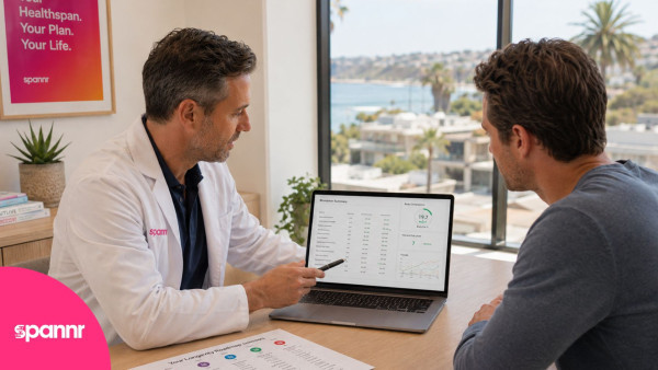 Longevity clinician reviewing biomarker results with a client in a San Diego office overlooking the coast.