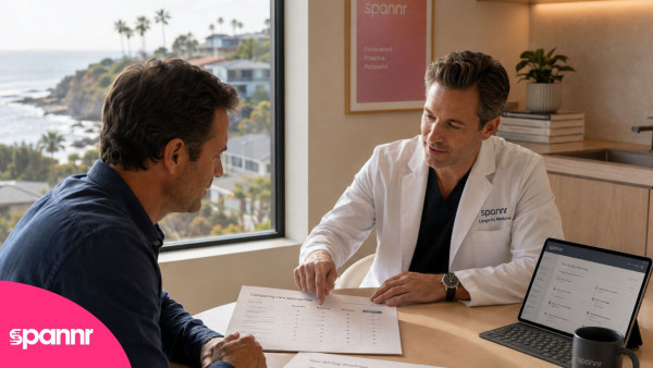Longevity clinician comparing care approaches with a client in a San Diego office overlooking the coastline.